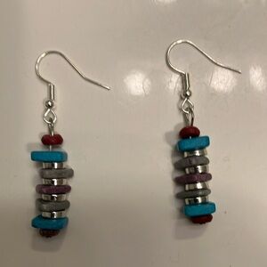 Blue, purple and gray clay beads with silver accents earrings.